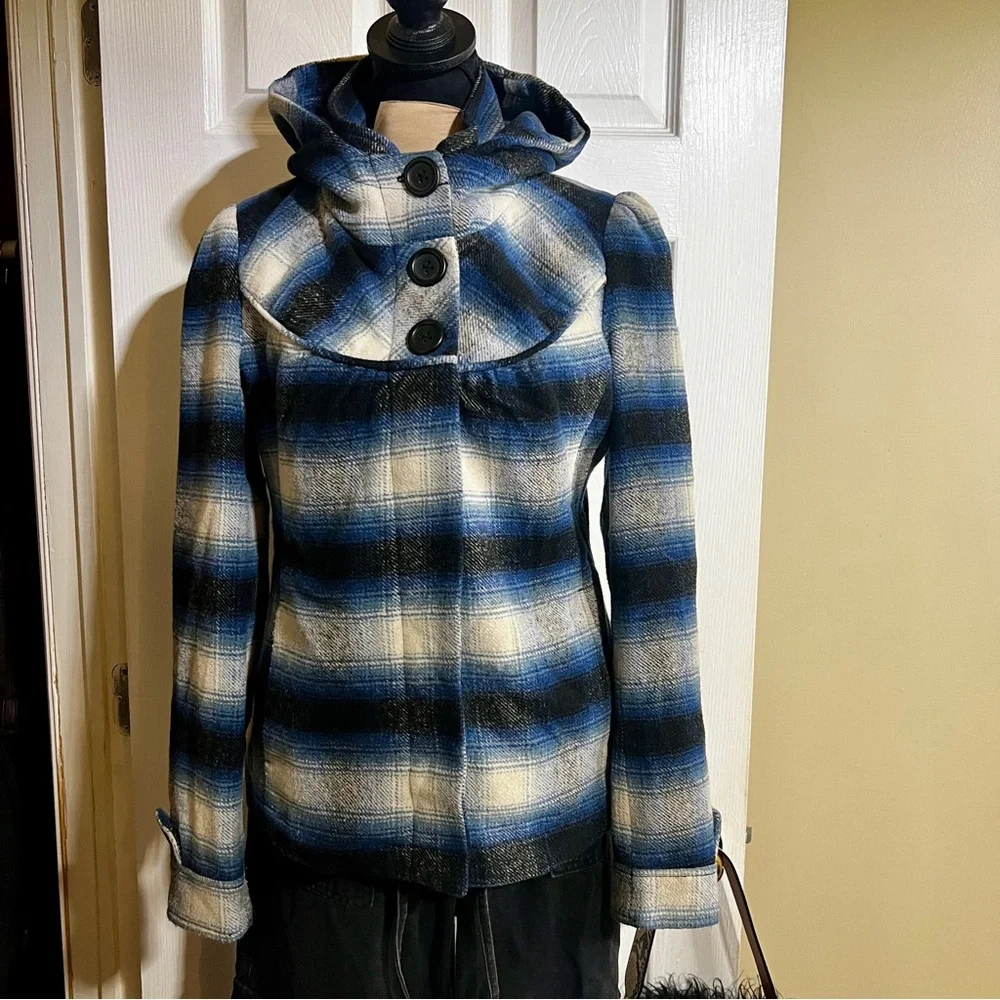 Mavi Wms Y2K Plaid Flannel Wool Blend Hooded Mock Neck‎ Preppy Casual Jacket S